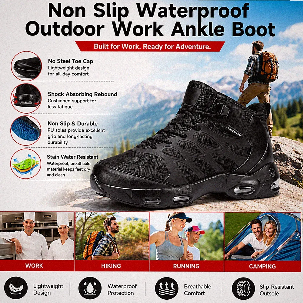 Larnmern Men Waterproof Work Boots Non-Slip Chef Hiking Service Shoes Breathable