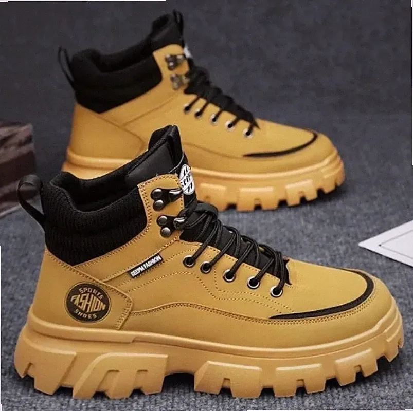 Mens High-Top Hiking Boots Plus Fleece Platform Outdoor Height Increasing Shoes