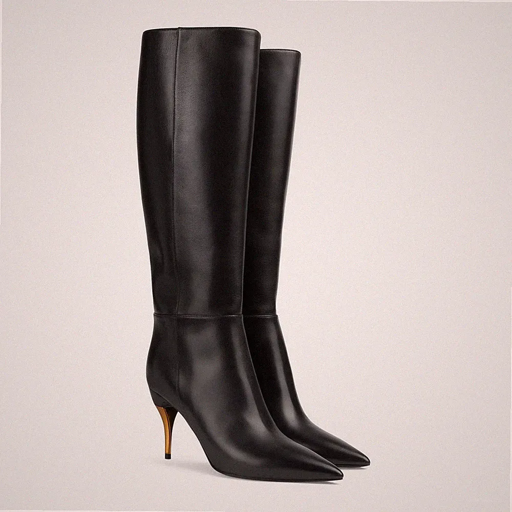 Women Knee High Boots Pointed Toe Thin High Heels Full Zip Shoes Plus Size 4-16